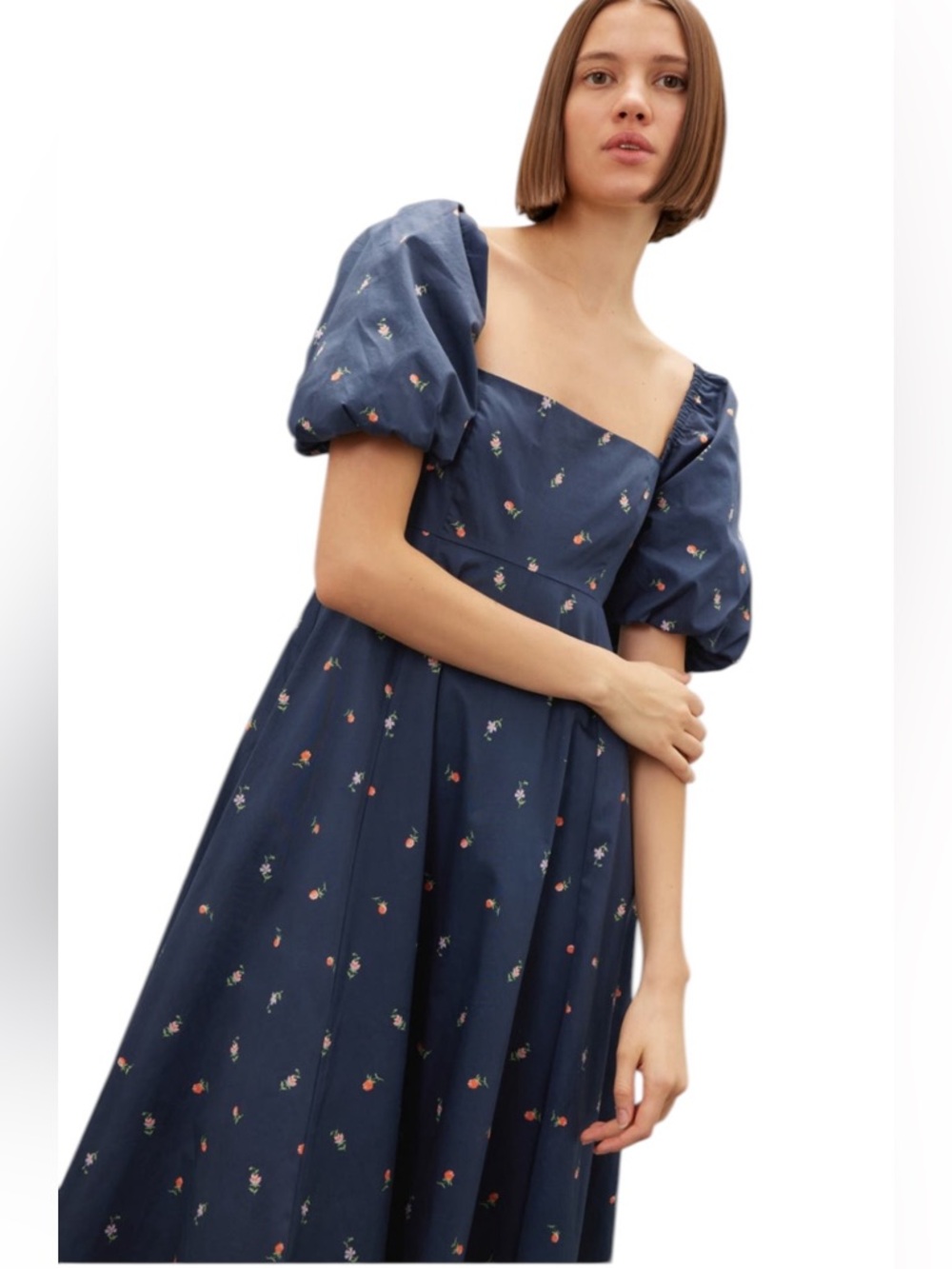 Hill House Home Matilda Dress – Blue Floral Rosette Print Puff Sleeve Midi